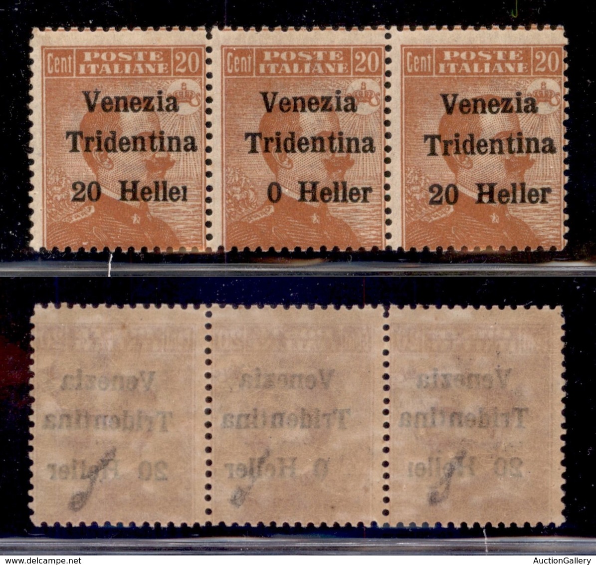 OCCUPAZIONI - TRENTINO - 1918 - 20 Heller Su 20 Cent (30da + 30c + 30) - Striscia Di Tre Con Errori R Rotta + Senza 2 Ne - Other & Unclassified