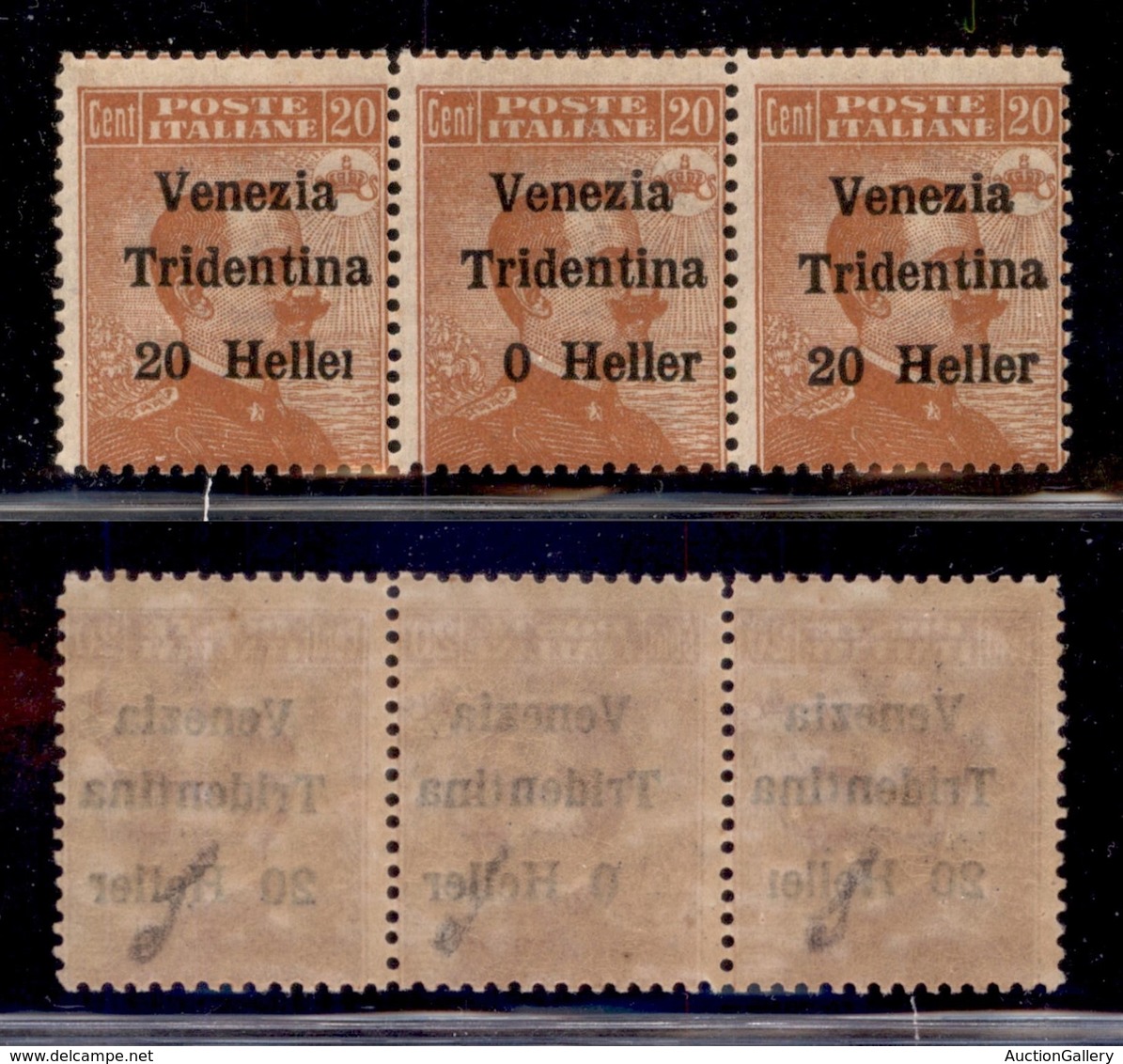 OCCUPAZIONI - TRENTINO - 1918 - 20 Heller Su 20 Cent (30da + 30c + 30) - Striscia Di Tre Con Errori R Rotta + Senza 2 Ne - Autres & Non Classés