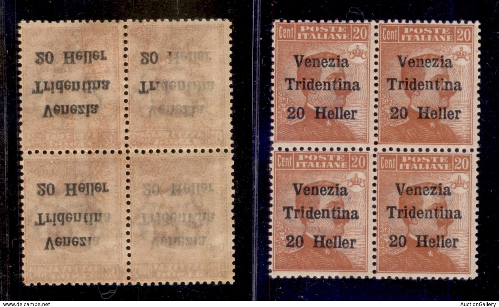 OCCUPAZIONI - TRENTINO - 1918 - 20 Heller Su 20 Cent (30 - Varietà) - Quartina Con Decalco Da Parziale A Capovolto - Gom - Andere & Zonder Classificatie