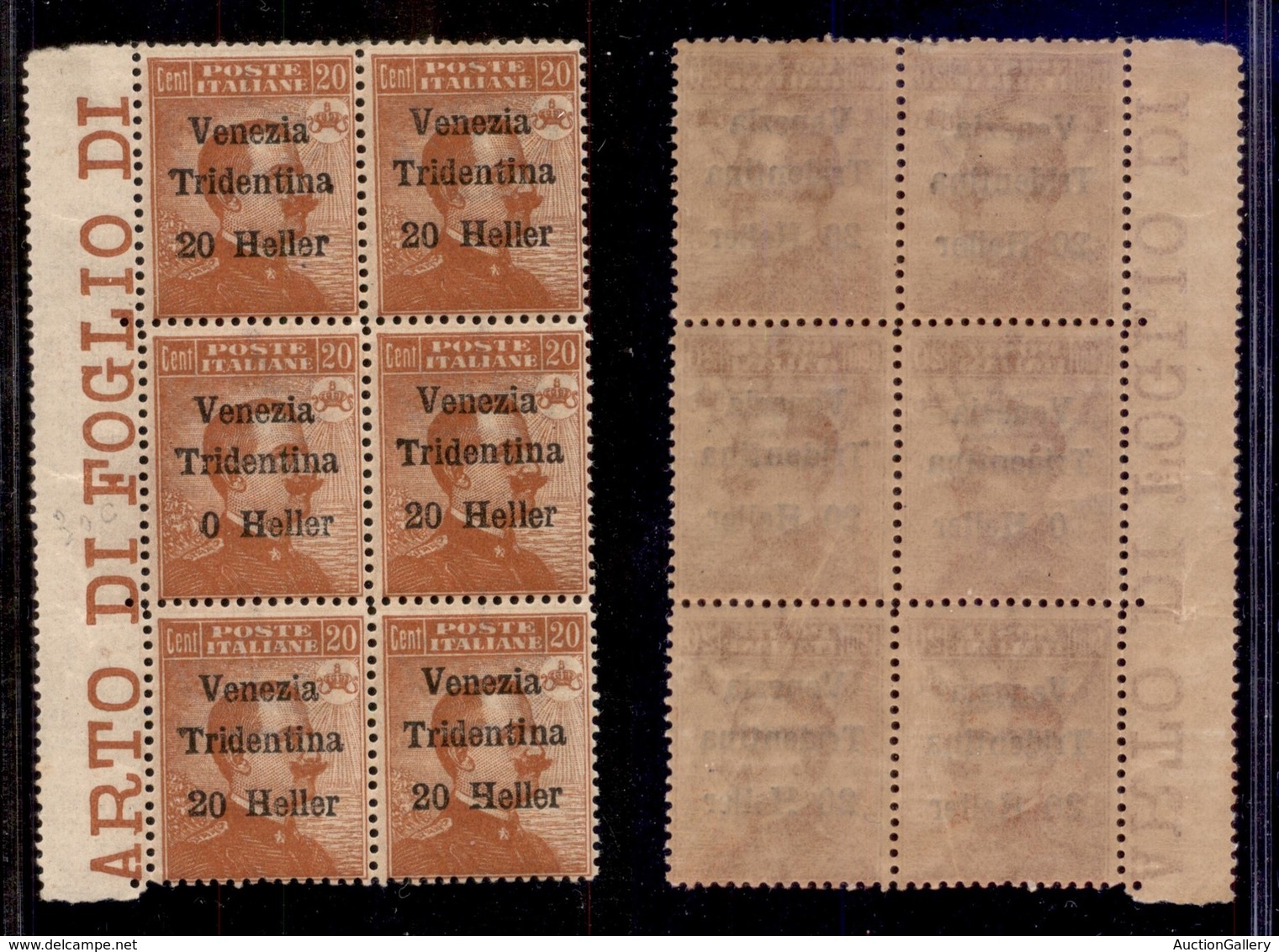 OCCUPAZIONI - TRENTINO - 1918 - 20 Heller Su 20 Cent (30 + 30c) - Blocco Di Sei Bordo Foglio - Senza 2 Nel Pezzo Central - Autres & Non Classés