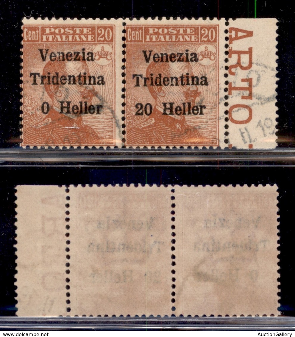 OCCUPAZIONI - TRENTINO - 1918 - 20 Heller Su 20 Cent (30c + 30) - Coppia Usata Bordo Foglio Senza 2 A Sinistra (157+) - Sonstige & Ohne Zuordnung