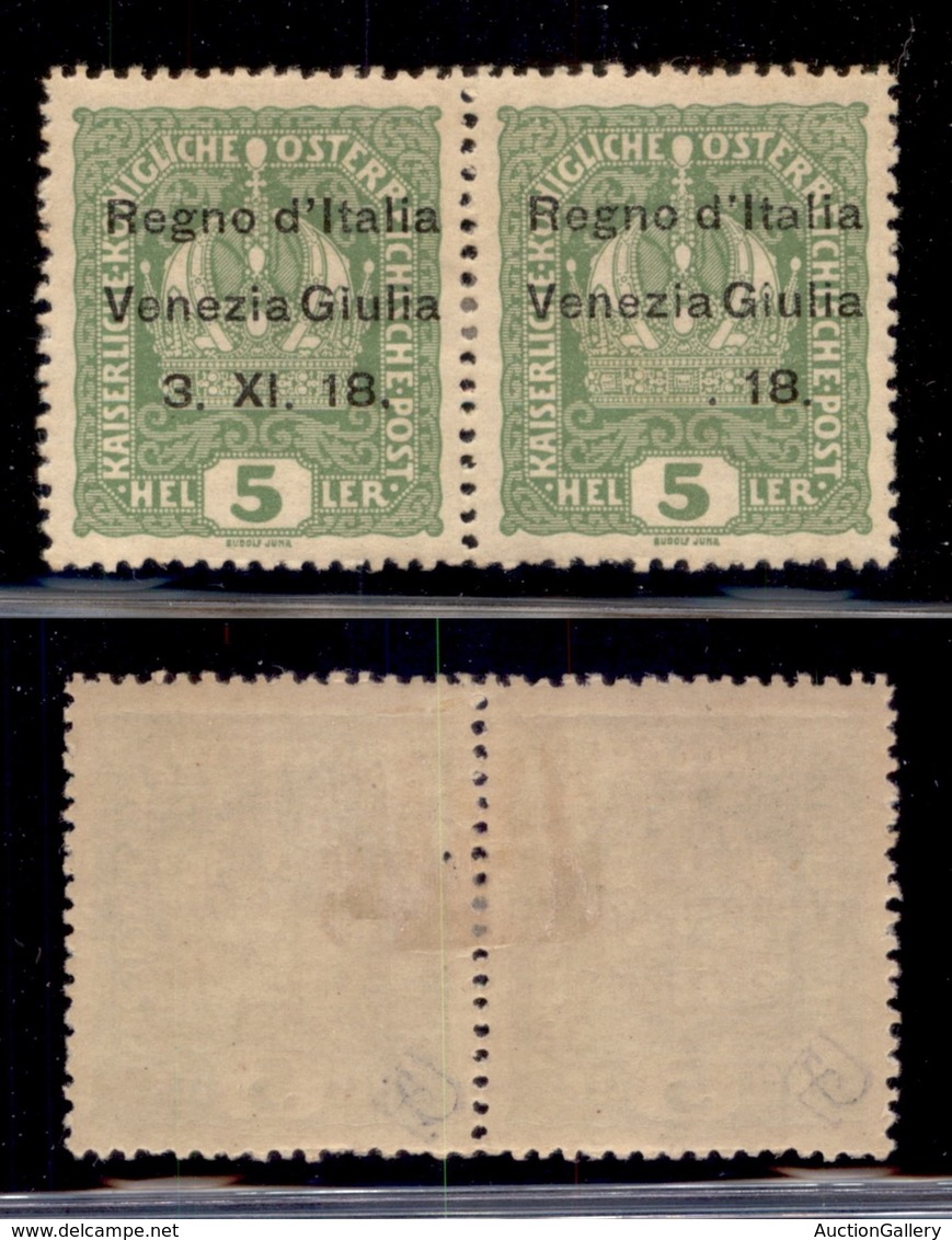 OCCUPAZIONI - VENEZIA GIULIA - 1918 - 5 Heller (2 + 2t) - Coppia Orizzontale Senza 3.XI A Destra - Gomma Originale - Andere & Zonder Classificatie