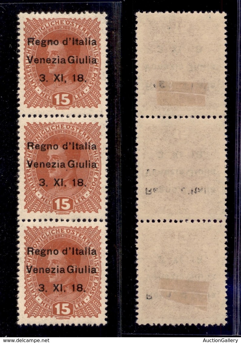 OCCUPAZIONI - VENEZIA GIULIA - 1918 - 15 Heller (6 Varietà + 6l + 6m) - Striscia Verticale Di 3 Con Errori (virgola Dopo - Andere & Zonder Classificatie