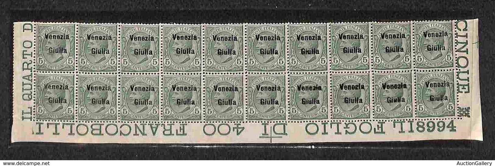 OCCUPAZIONI - VENEZIA GIULIA - 1918 - 5 Cent (21) - Blocco Angolare Di 20 Con Numero Di Tavola 8994 - Gomma Integra - Other & Unclassified