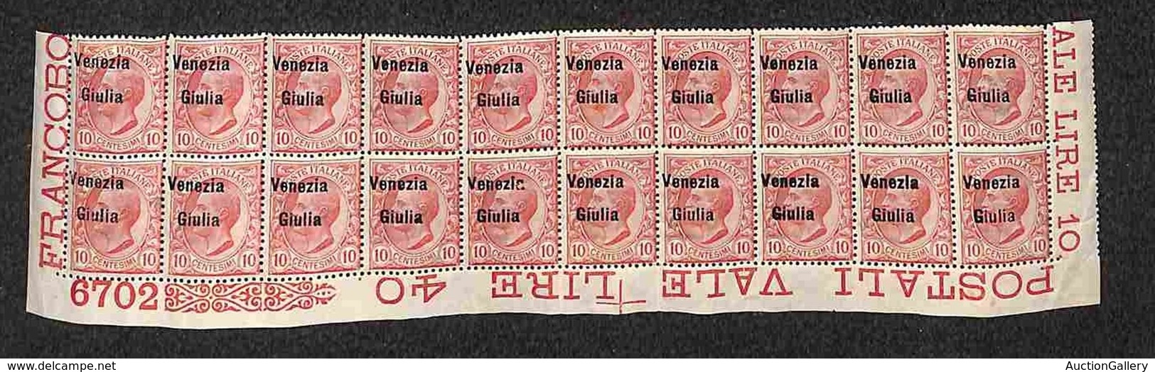 OCCUPAZIONI - VENEZIA GIULIA - 1918 - 10 Cent (22 Cb) - Blocco Angolare Di 20 Con Soprastampe Oblique In Alto A Sinistra - Andere & Zonder Classificatie