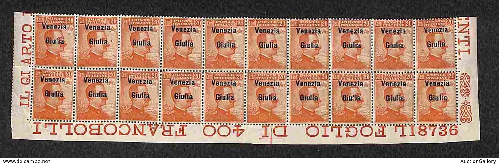 OCCUPAZIONI - VENEZIA GIULIA - 1918 - 20 Cent (23 Varietà) - Blocco Angolare Di 20 Con Soprastampe Spostate In Alto + Nu - Other & Unclassified