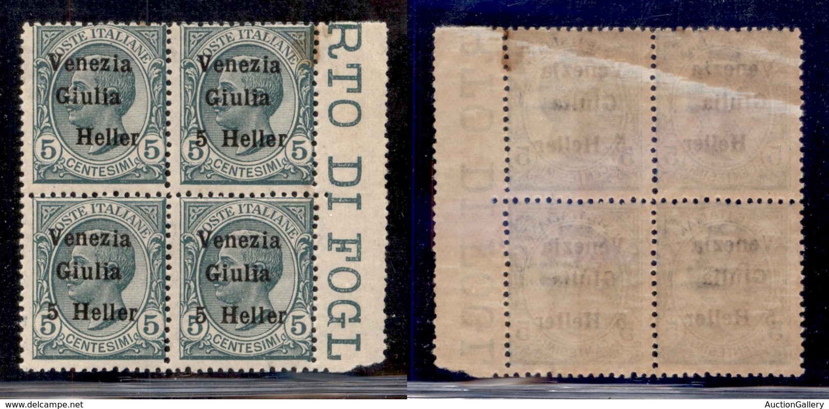 OCCUPAZIONI - VENEZIA GIULIA - 1919 - 5 Heller Su 5 Cent (30ca + 30) - Blocco Di Quattro Senza 5 In Alto A Sinistra - Go - Sonstige & Ohne Zuordnung