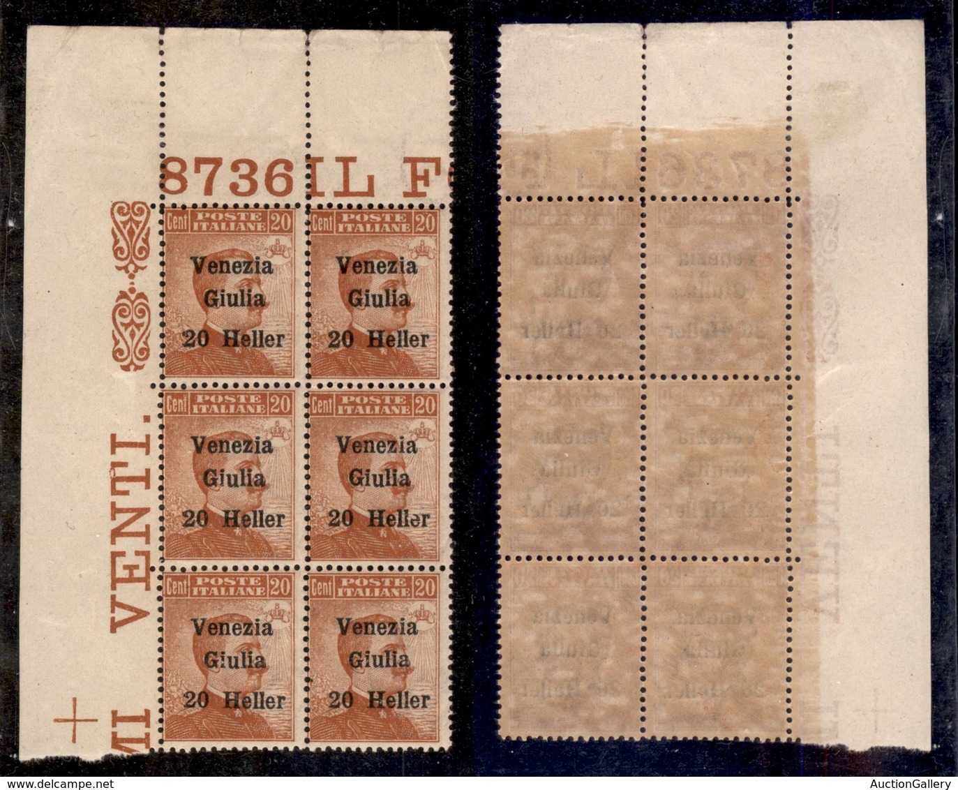 OCCUPAZIONI - VENEZIA GIULIA - 1919 - 20 Heller Su 20 Cent (31) - Blocco Angolare Di 6 Con Numero Di Tavola 8736 - Gomma - Other & Unclassified