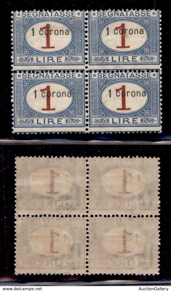 OCCUPAZIONI - DALMAZIA - Dalmazia - 1922 - Segnatasse - 1 Corona Su 1 Lira (2) In Quartina - Gomma Integra (200+) - Autres & Non Classés