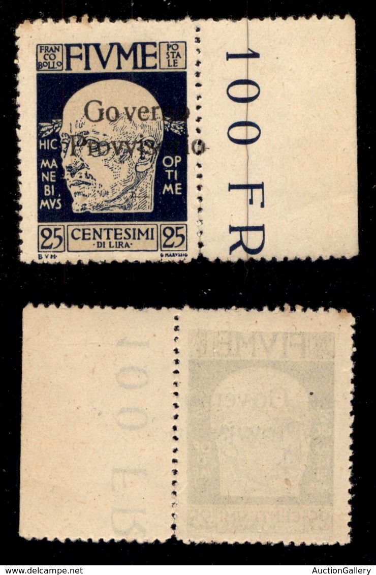 OCCUPAZIONI - FIUME - 1921 - 25 Cent Governo Provvisorio (153oh) Bordo Foglio - Soprastampa Spostata (o A Cavallo Della  - Autres & Non Classés