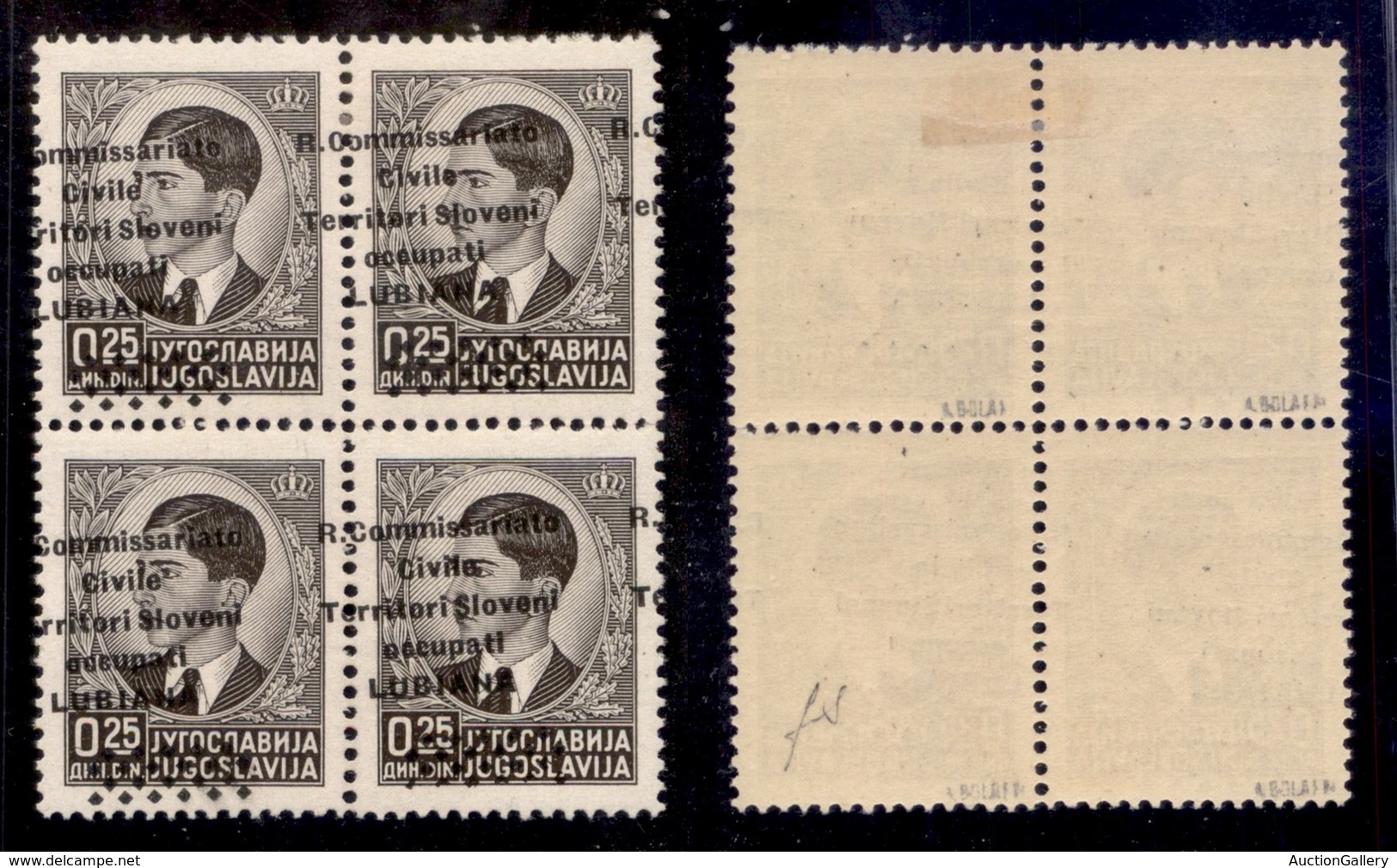 OCCUPAZIONI - LUBIANA - 1941 - 25 Para (18d) - Quartina Con Soprastampe Oblique - Gomma Originale (integra In Basso) - F - Autres & Non Classés