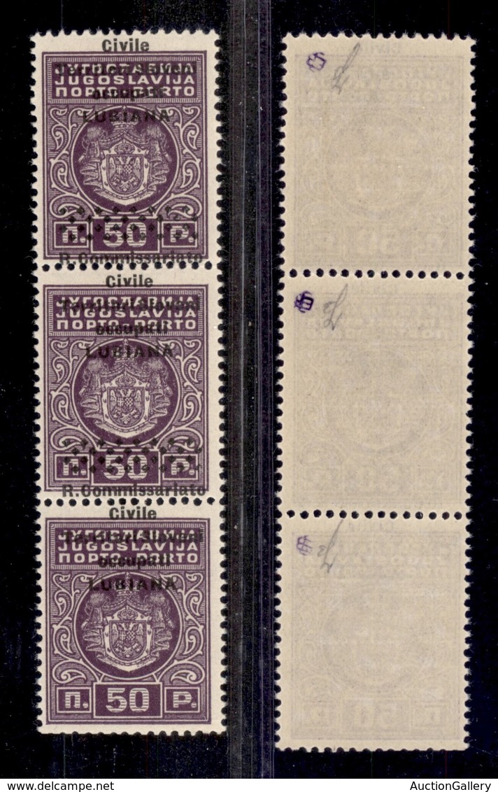 OCCUPAZIONI - LUBIANA - 1941 - Segnatasse - 50 Para (6h +6h + 6i) - Striscia Verticale Di 3 Con Soprastampe Spostate Rom - Other & Unclassified