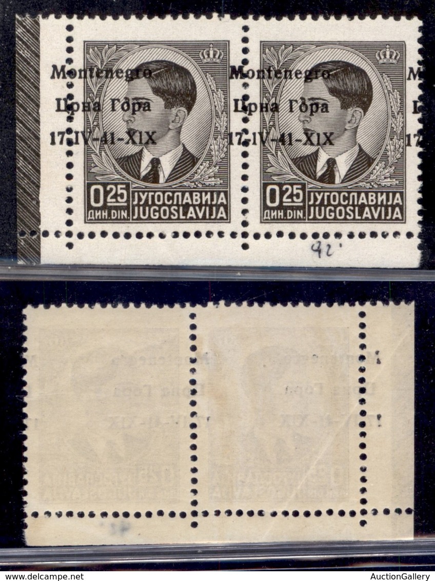 OCCUPAZIONI - MONTENEGRO - 1941 - 25 Para (1haa + 1ha - Pos. 91/92) Coppia Angolare Con Soprastampe Spostate E Ripetute  - Sonstige & Ohne Zuordnung