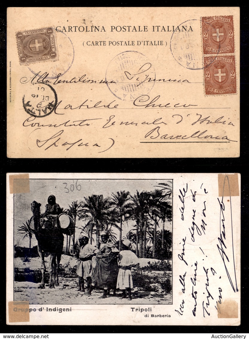 LEVANTE - TRIPOLI DI BARBERIA - Enna Piroscafo Postale Italiano 13.12.01 - Cartolina Per Barcellona Via Malta Con Affran - Autres & Non Classés