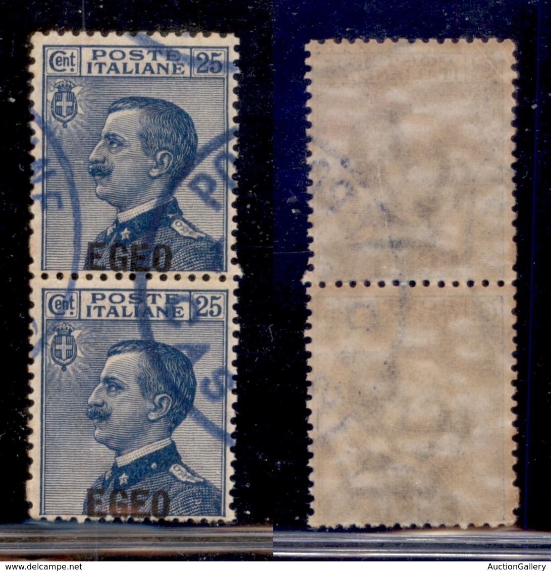 COLONIE - EGEO - 1912 - 25 Cent (1da) - Coppia Verticale Usata - Soprastampa In Basso (180) - Sonstige & Ohne Zuordnung