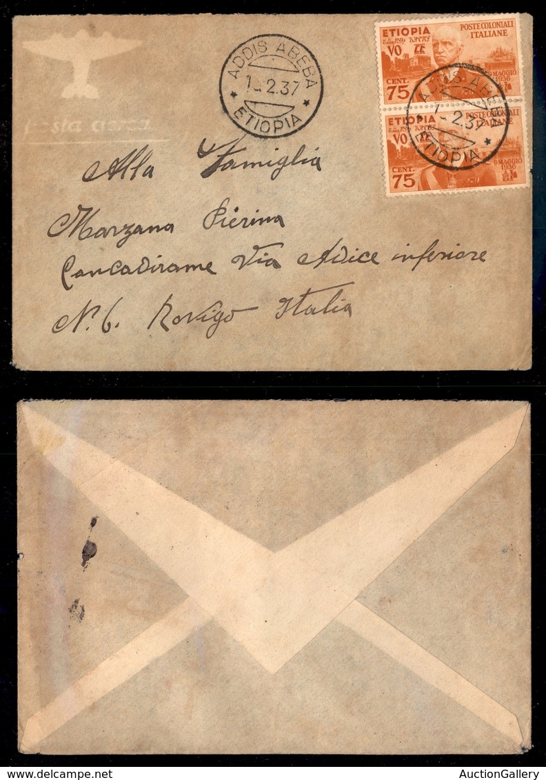 COLONIE - ETIOPIA - Coppia Del 75 Cent (6) - Aerogramma Da Addis Abeba A Rovigo Del 13.2.37 - Other & Unclassified