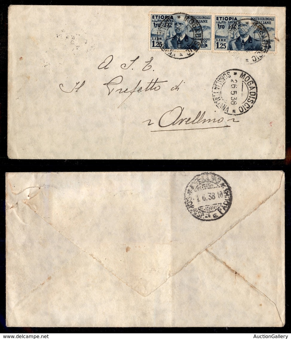 COLONIE - ETIOPIA - Due 1,25 Lire (7) Su Busta Da Mogadiscio A Avellino Del 26.5.38 - Fori Di Punto Metallico Sul Pezzo  - Other & Unclassified