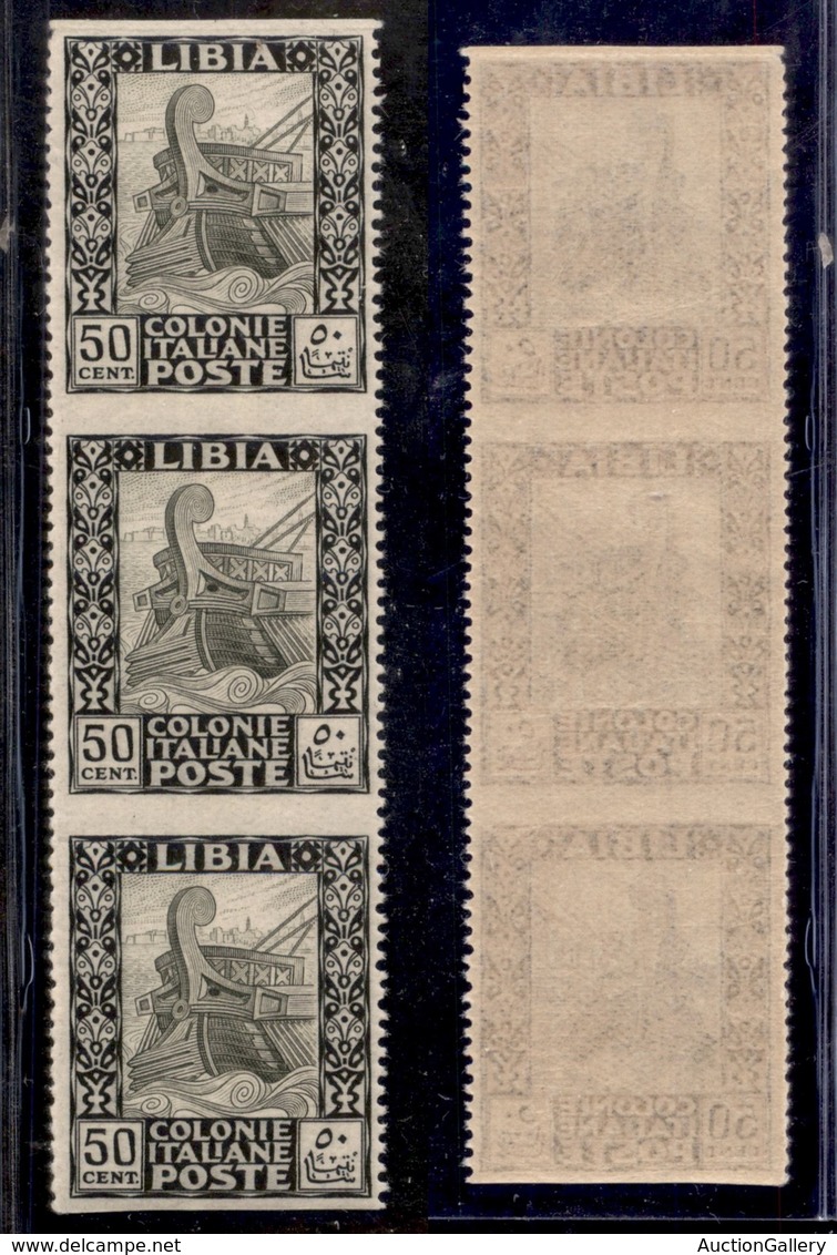 COLONIE - LIBIA - 1924 - 50 Cent (51m) Striscia Verticale Di 3 Non Dentellata In Orizzontale - Gomma Integra (630) - Other & Unclassified