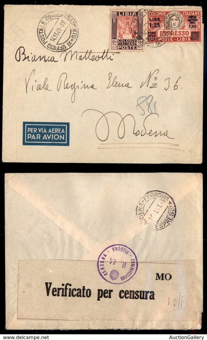 COLONIE - LIBIA - 75 Cent (104) + 1,25 Lire Su 60 Cent (17 - Espressi) - Aerogramma Dall’Uff. Post. Concentramento Per M - Other & Unclassified