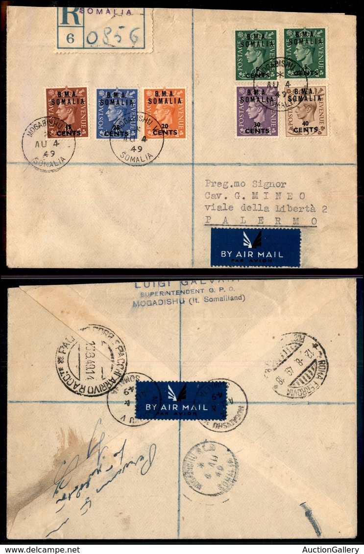 COLONIE - BMA SOMALIA - Aerogramma Raccomandato Da Mogadiscio A Palermo Del 4.8.49 Con Affrancatura Multipla (10 Due + 1 - Other & Unclassified