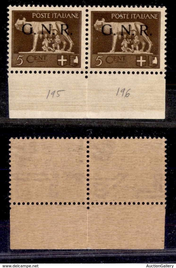 REPUBBLICA SOCIALE - GNR BRESCIA - 1943 - 5 Cent (470/I) - Coppia Bordo Foglio Con Filigrana Lettere 12/10 - Gomma Integ - Other & Unclassified