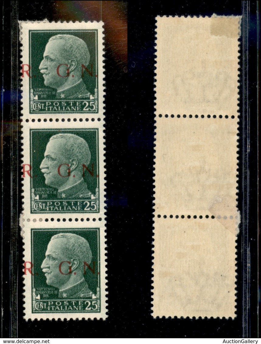 REPUBBLICA SOCIALE - GNR BRESCIA - 1943 - 25 Cent (474/Ig) Con Soprastampa Spostata ( R GN) - Striscia Verticale Di Tre  - Other & Unclassified