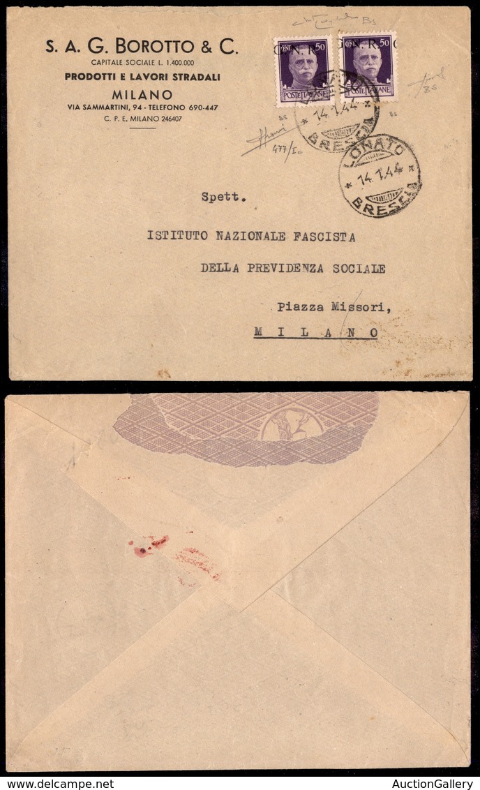 REPUBBLICA SOCIALE - GNR BRESCIA - 50 Cent (477/Ia) Con Soprastampe Oblique E Spostate In Alto - Due Pezzi Su Busta Da L - Other & Unclassified