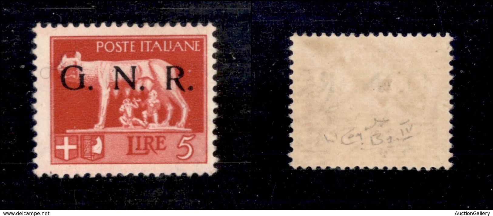 REPUBBLICA SOCIALE - GNR BRESCIA - 1943 - Soprastampa Spaziata - 5 Lire (485/A) - Gomma Originale - Raybaudi + Cert. AG  - Autres & Non Classés