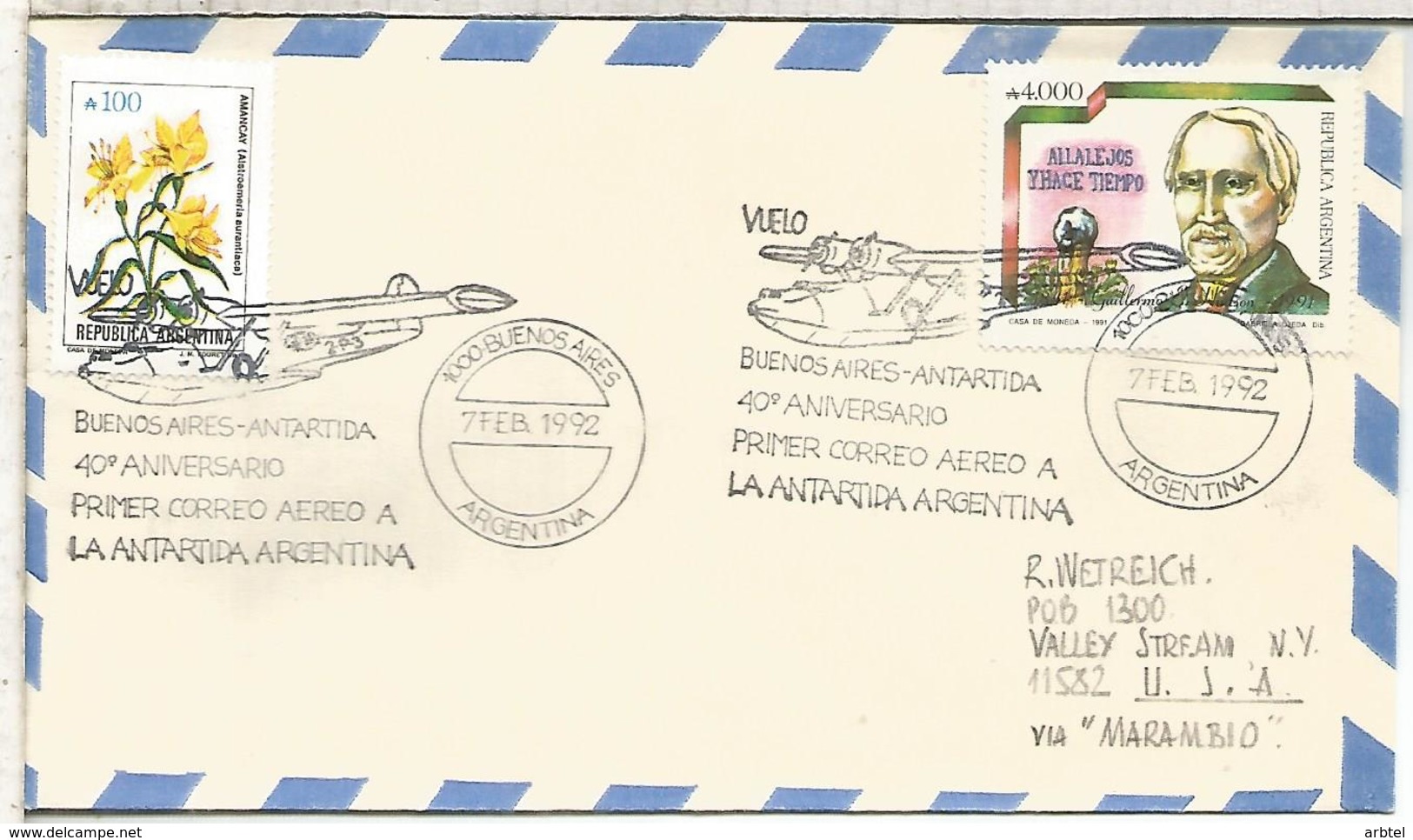 ARGENTINA 1992 ANTARTIDA ANTARCTIC  MAIL AVION PLANE BASE MARAMBIO - Polar Flights