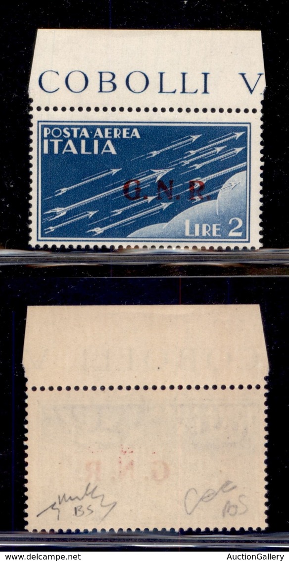 REPUBBLICA SOCIALE - GNR BRESCIA - 1943 - Posta Aerea - 2 Lire (122/II) Bordo Foglio - Gomma Integra - Chiavarello (525) - Other & Unclassified