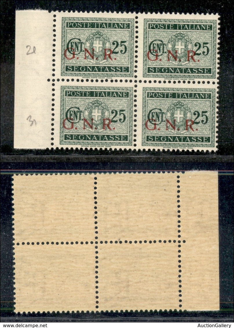 REPUBBLICA SOCIALE - GNR BRESCIA - 1943 - Segnatasse - 25 Cent (50/I) In Quartina - Gomma Integra (120+) - Autres & Non Classés