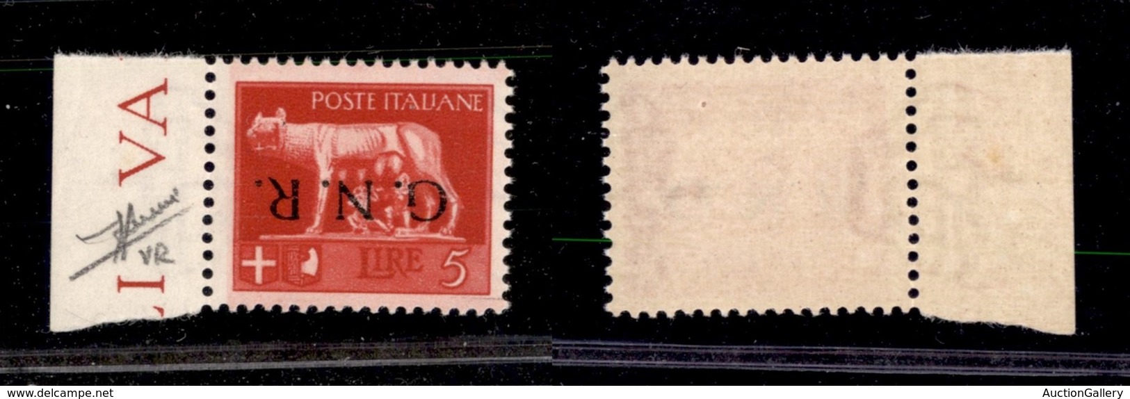 REPUBBLICA SOCIALE - GNR VERONA - 1944 - 5 Lire (485a) Con Soprastampa Capovolta  - Punto Piccolo (evanescente) Dopo R - - Andere & Zonder Classificatie