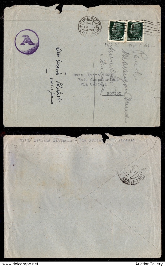 REPUBBLICA SOCIALE - PROVVISORI - Firenze - 25 Cent (491h) Con Soprastampe Oblique Su Busta Per Rovigo Del 19.2.44 - Other & Unclassified