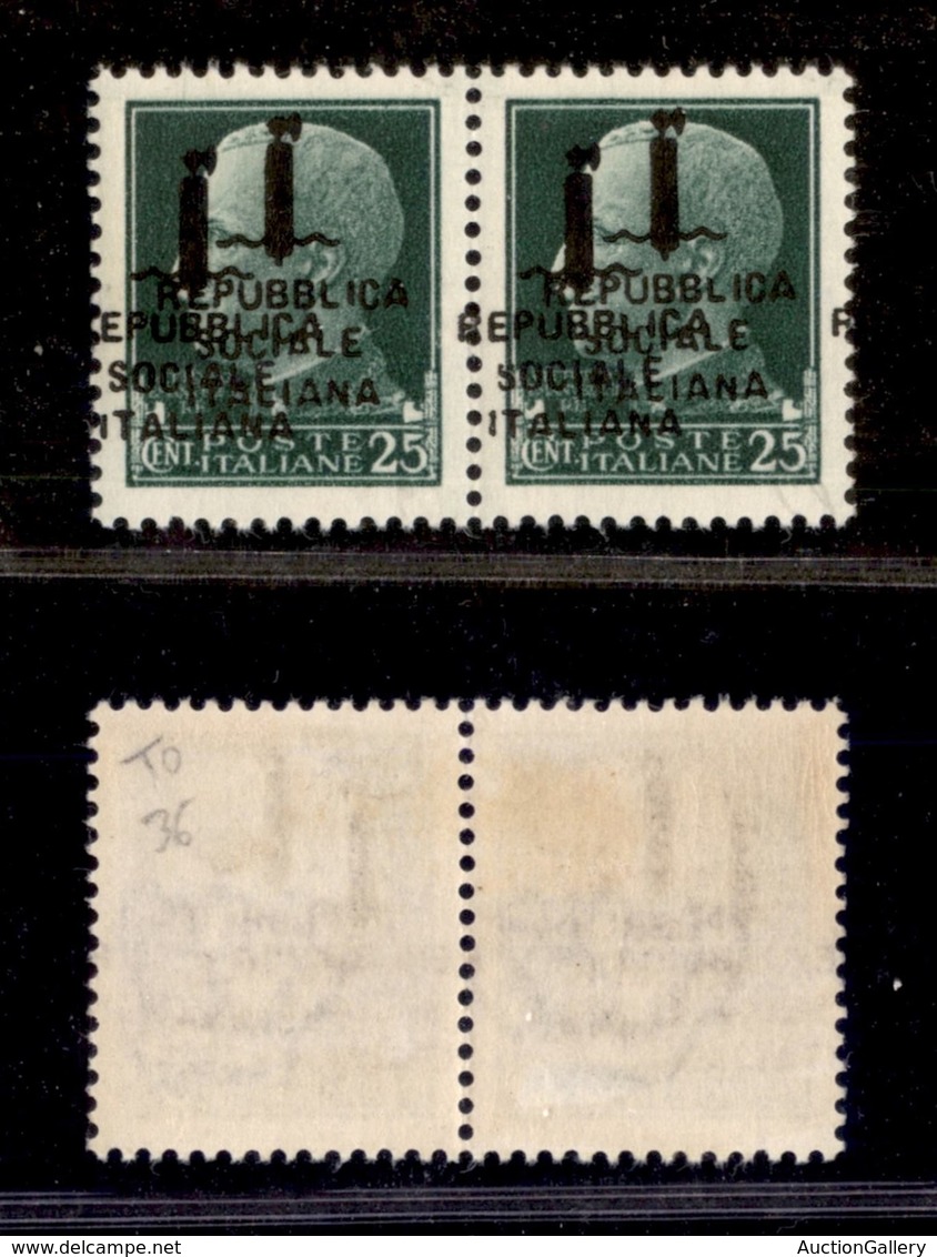 REPUBBLICA SOCIALE - PROVVISORI - 1944 - Torino - 25 Cent (491b) - Coppia Orizzontale (pos. 35/36) Con Doppia Soprastamp - Sonstige & Ohne Zuordnung