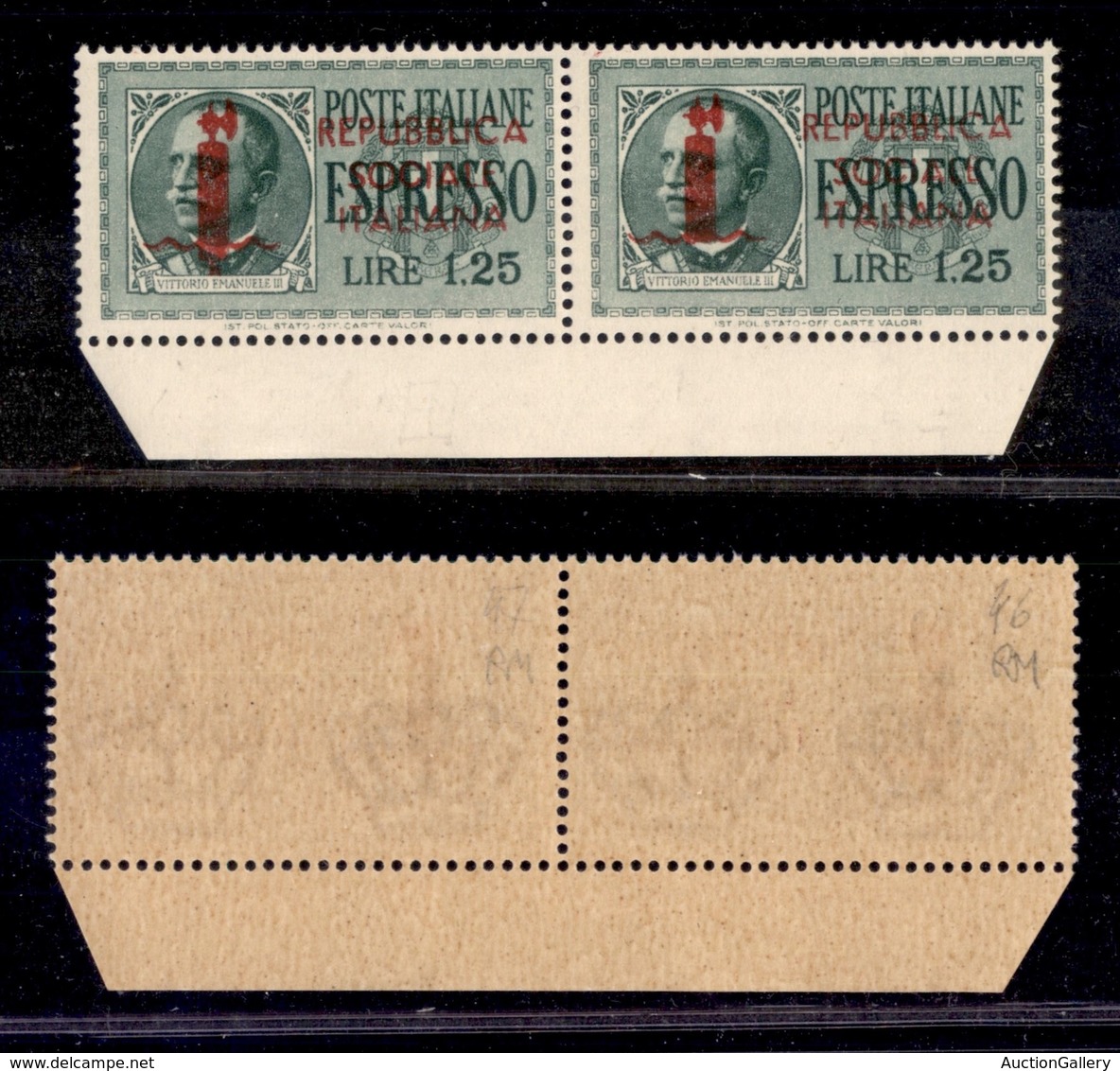 REPUBBLICA SOCIALE - SERVIZI - 1944 - Roma - Espressi - 1,25 Lire (21) - Coppia Orizzontale (pos. 46/47) Con Fusto Rotto - Sonstige & Ohne Zuordnung