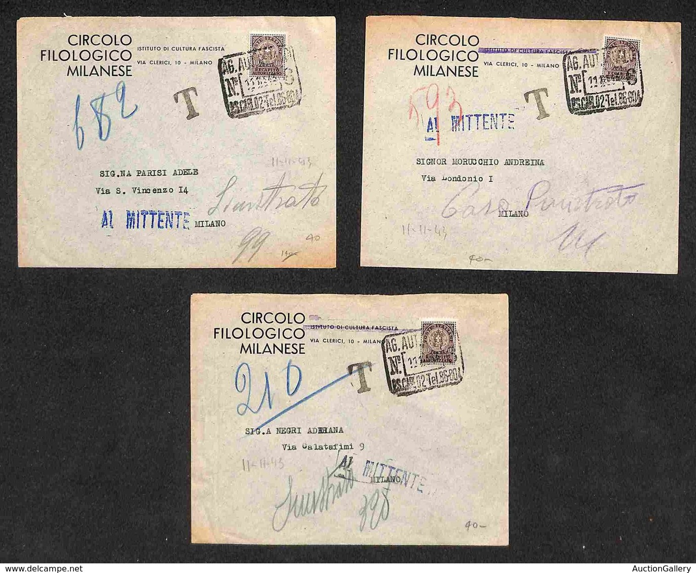 REPUBBLICA SOCIALE - SERVIZI - 10 Cent (3 - Recapito) Su Busta Per Città (Milano 11.11.43) Rispedita Al Mittente Con Tas - Other & Unclassified