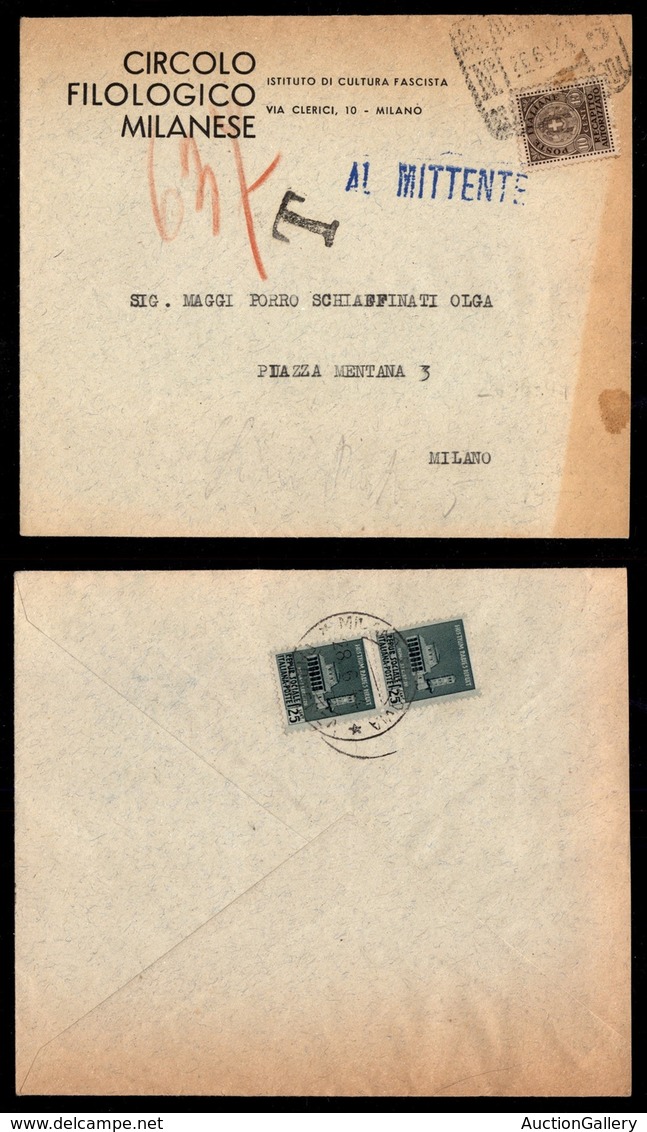 REPUBBLICA SOCIALE - SERVIZI - 10 Cent Recapito (3) Su Busta Per Città (Milano 26.6.44) Respinta E Tassata Al Retro Con  - Sonstige & Ohne Zuordnung