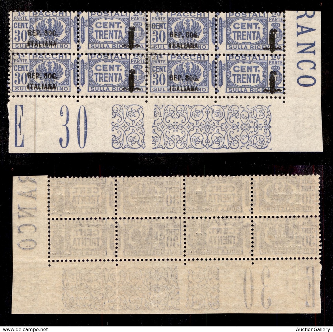 REPUBBLICA SOCIALE - SERVIZI - 1944 - Pacchi Postali - 30 Cent (39) - Quartina Angolare (pos. 89/100) - Gomma Integra - Sonstige & Ohne Zuordnung