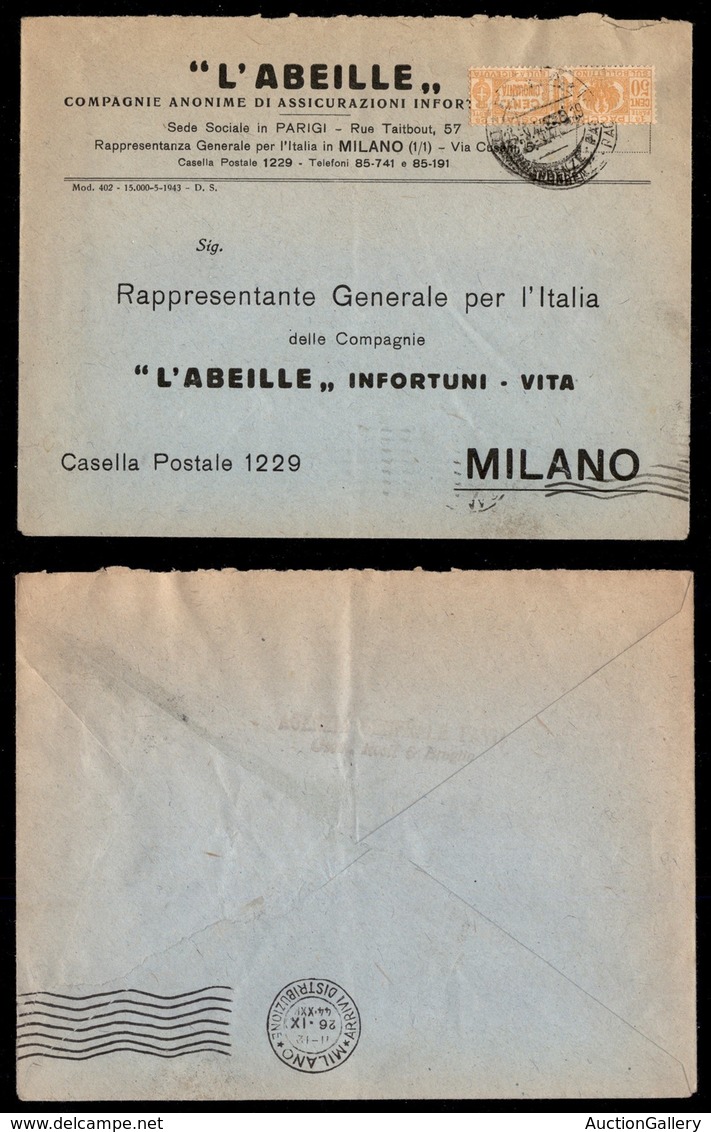 REPUBBLICA SOCIALE - SERVIZI - 50 Cent Pacchi Postali (28 - Regno) Su Busta Per Città - Milano 25.9.44 - Autres & Non Classés