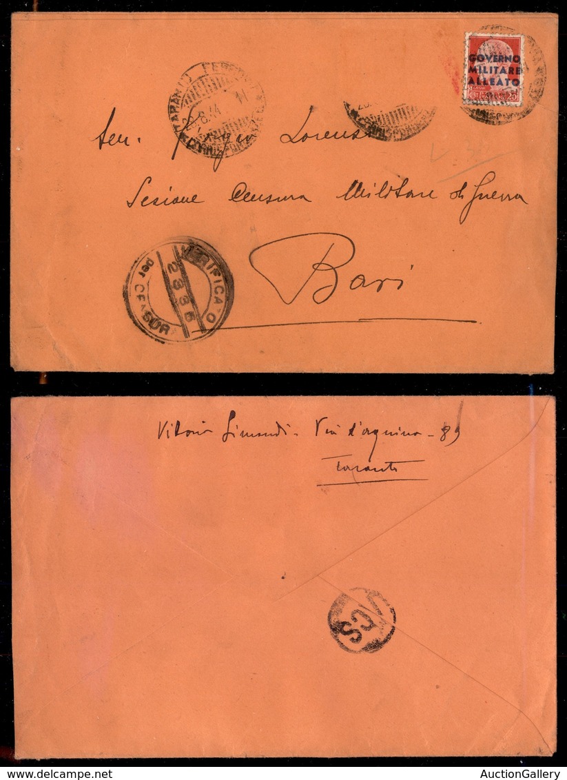 LOCALI - GMA NAPOLI - 20 Cent (10) Su Busta (con Affrancatura Complementare Asportata) Da Taranto A Bari Del 28.8.44 - Andere & Zonder Classificatie