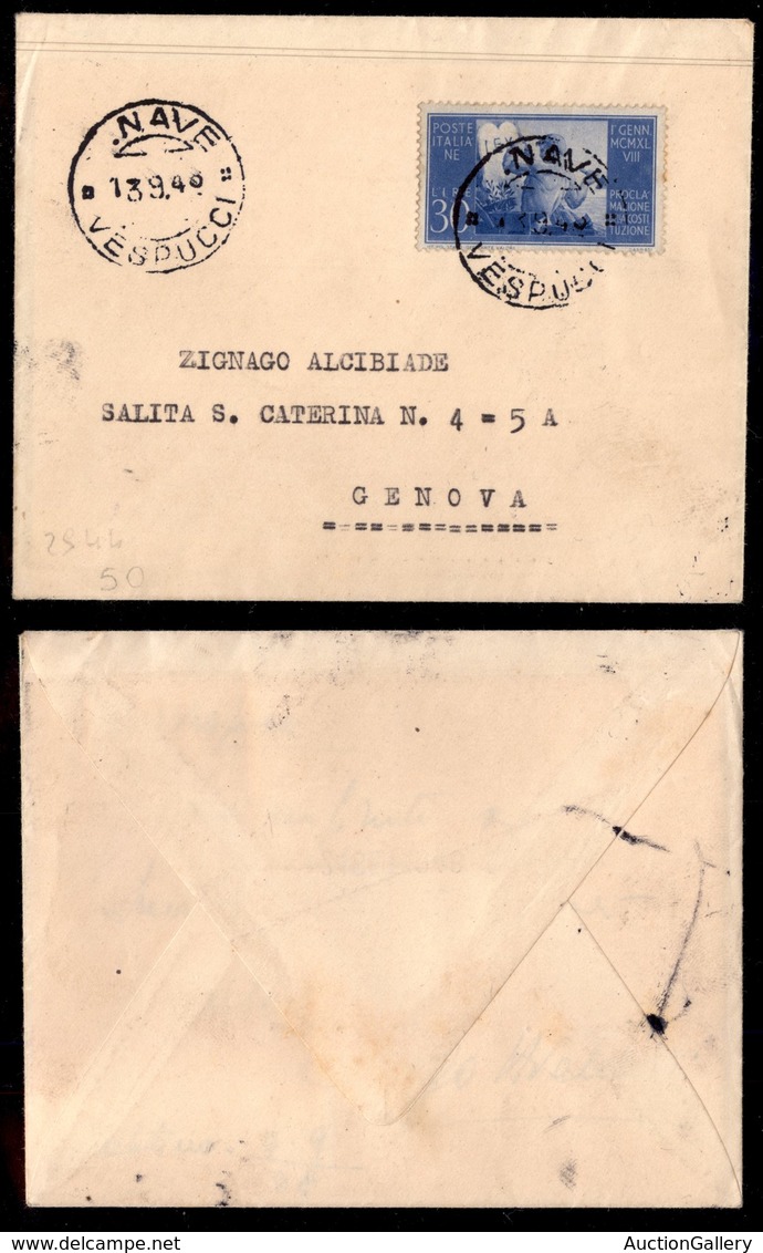 REPUBBLICA - Nave Vespucci (R. Scalpellata) - 30 Lire Costituzione (579) Su Bustina Per Genova Del 13.9.48 - Sonstige & Ohne Zuordnung