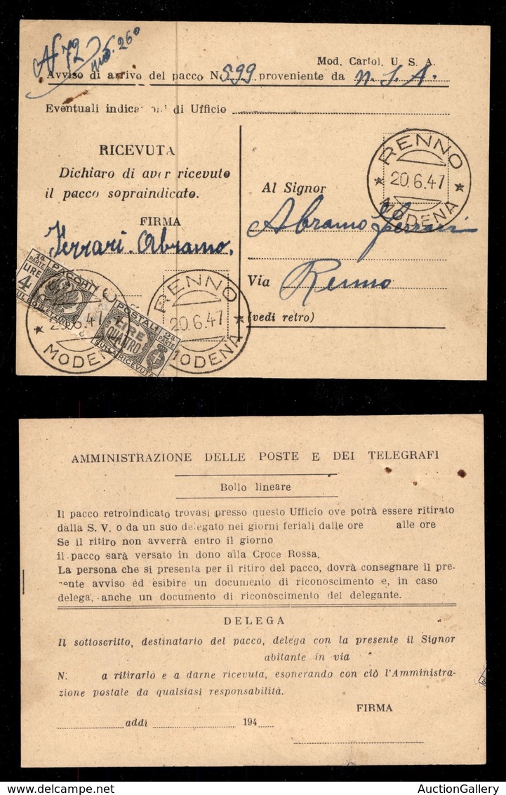 REPUBBLICA - Pacchi Postali - 4 Lire (63) Applicato A Cavallo Dei Bordi Di Cartolina Avviso - Renno 20.6.47 - Sonstige & Ohne Zuordnung