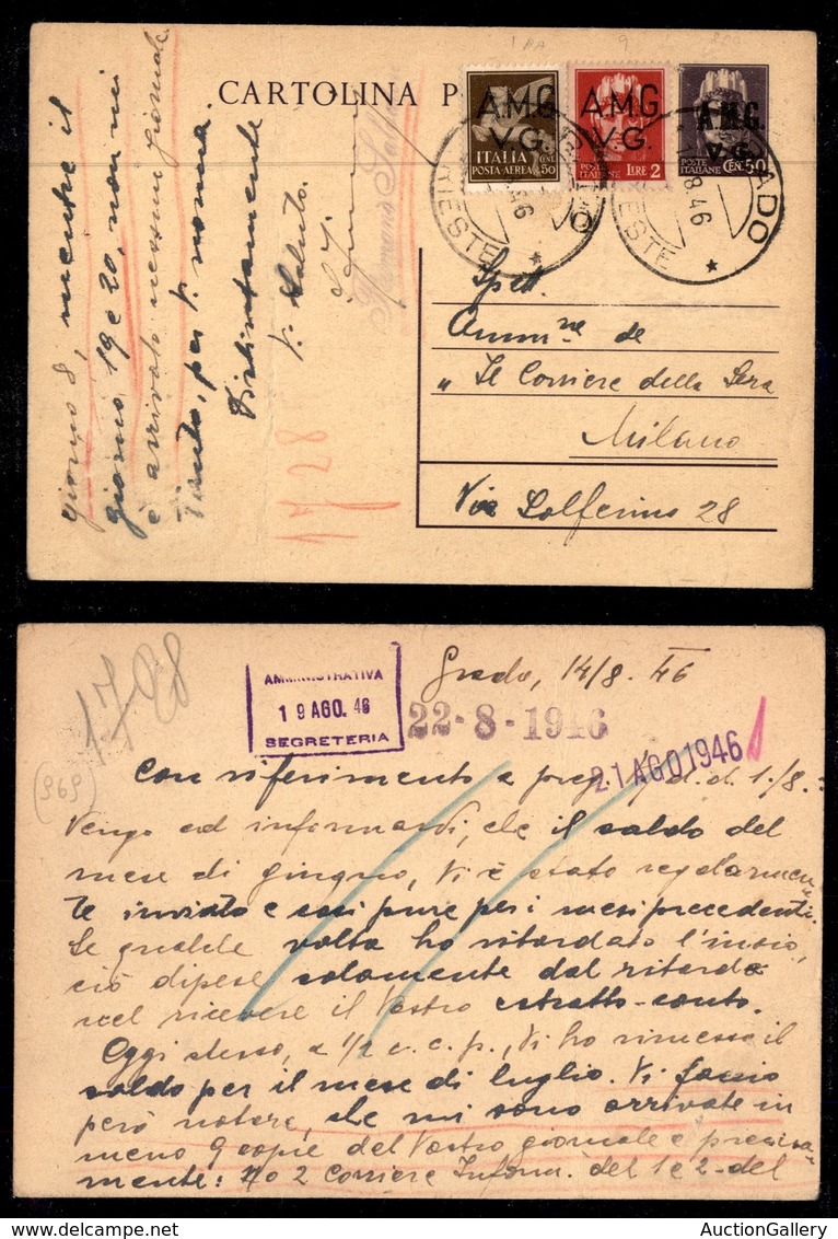 AMGVG - TRIESTE - LITORALE - AMGVG - Cartolina Postale Da 50 Cent (1) Con Complementari Da Grado A Milano Del 15.8.46 - Andere & Zonder Classificatie