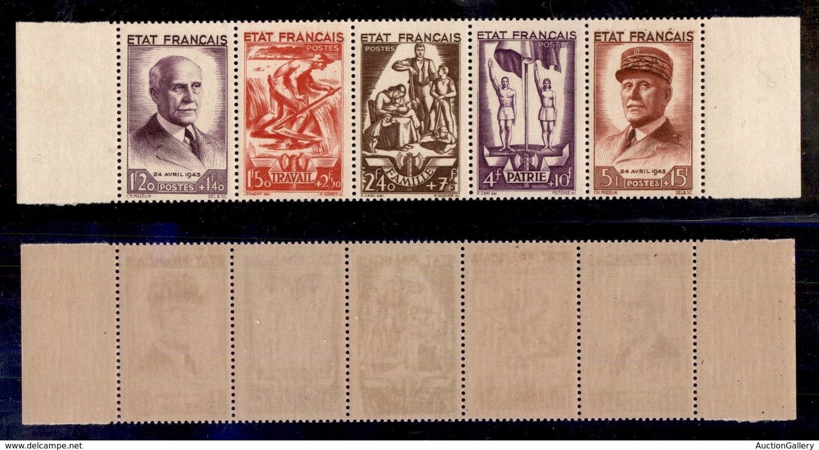 EUROPA - FRANCIA - 1943 - Petain (589/593) - Serie Completa In Striscia Di 5 - Gomma Integra (100+) - Sonstige & Ohne Zuordnung