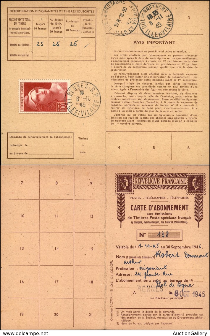 EUROPA - FRANCIA - Libretto D’abbonamento Postale - 100 Franchi (706) Annullato Rennes 8.10.45 - Sonstige & Ohne Zuordnung