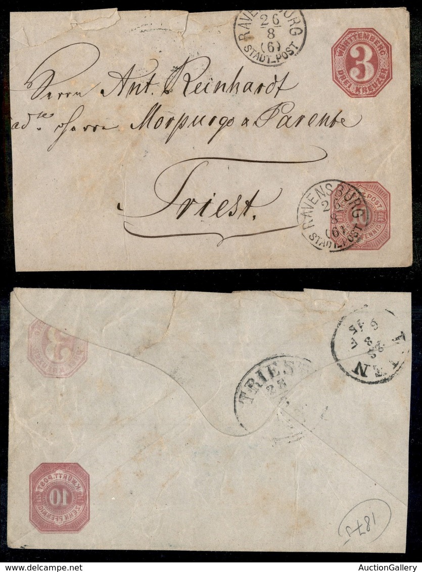 EUROPA - GERMANIA - Wurttemberg - Busta Postale Da 3 Kreuzer + 10 Pfennig Da Ravensburg A Trieste Del 26.8.75 - Decalco  - Other & Unclassified