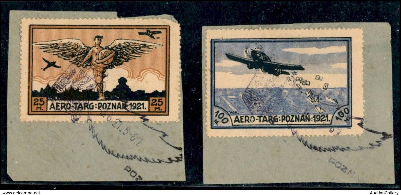 EUROPA - POLONIA - 1921 - Aerotarg Poznan (1/11 - Aerea) - Usati Su Due Frammenti Con Annulli Speciali - Andere & Zonder Classificatie
