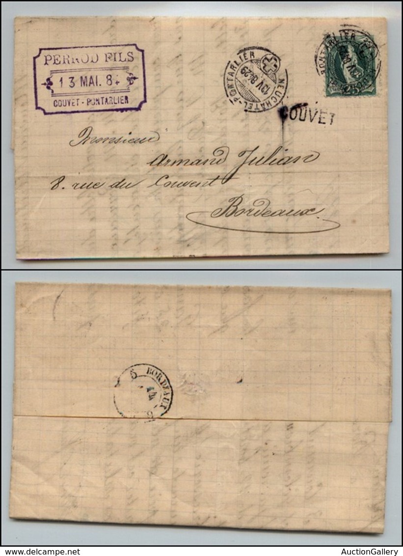 EUROPA - SVIZZERA - Couvet - 25 Cent (Unif. 72) Su Lettera Per Bordeaux Del 13.5.1884 - Sonstige & Ohne Zuordnung