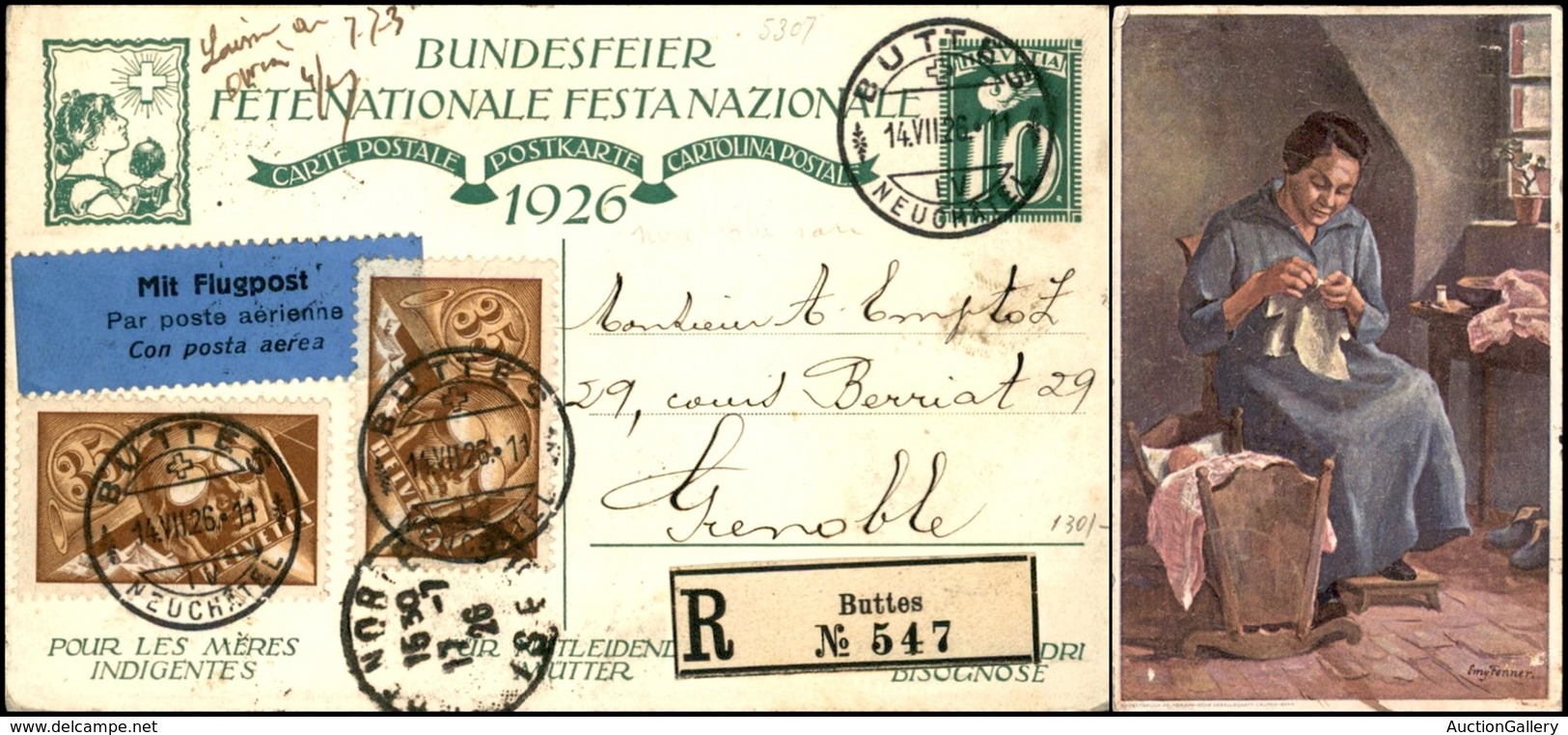 EUROPA - SVIZZERA - Due 35 Cent (181) Su Cartolina Postale Da 10 Cent Raccomandata Da Buttes A Grenoble Del 14.7.26 - Other & Unclassified