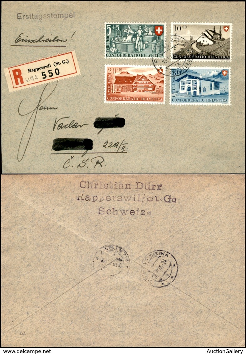 EUROPA - SVIZZERA - Pro Patria 1945 (471/474) - Serie Completa Su Busta FDC Raccomandata Da Rappperswil A Praga Del 15.6 - Sonstige & Ohne Zuordnung